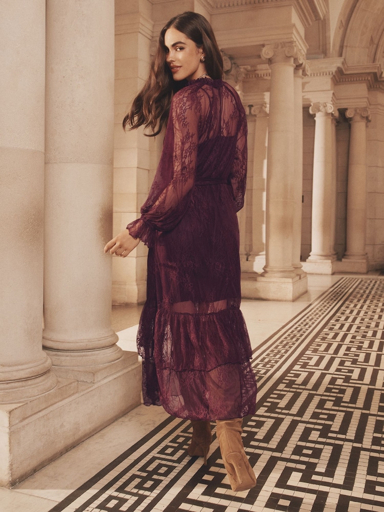 Lipsy Burgundy Red Lace Ruffle Long Sleeve Midi Dress - Image 4 of 4 Lipsy Burgundy Red Lace Ruffle Long Sleeve Midi Dress - Image 4 of 4