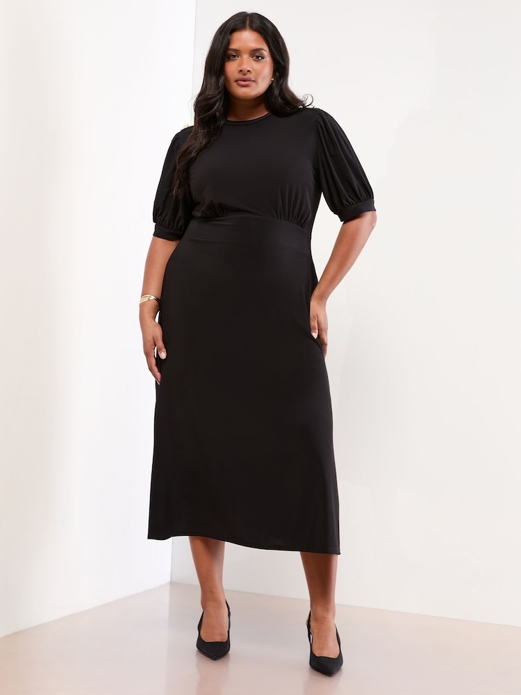 Lipsy Black Curve Miitary Button Short Sleeve Midi Jersey Dress - Image 1 of 4