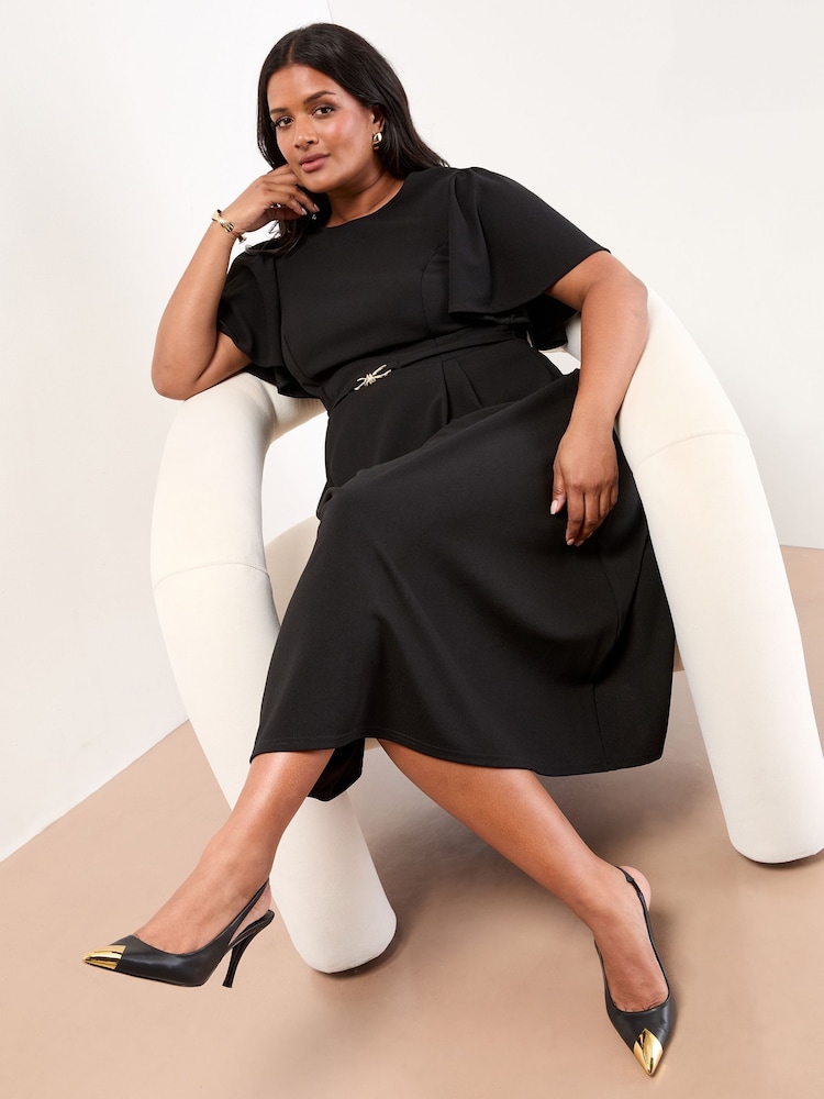 Buy Lipsy Black Curve Crew Neck Short Sleeve Fit and Flare Midi Dress with  Gold Trim Belt from Next USA
