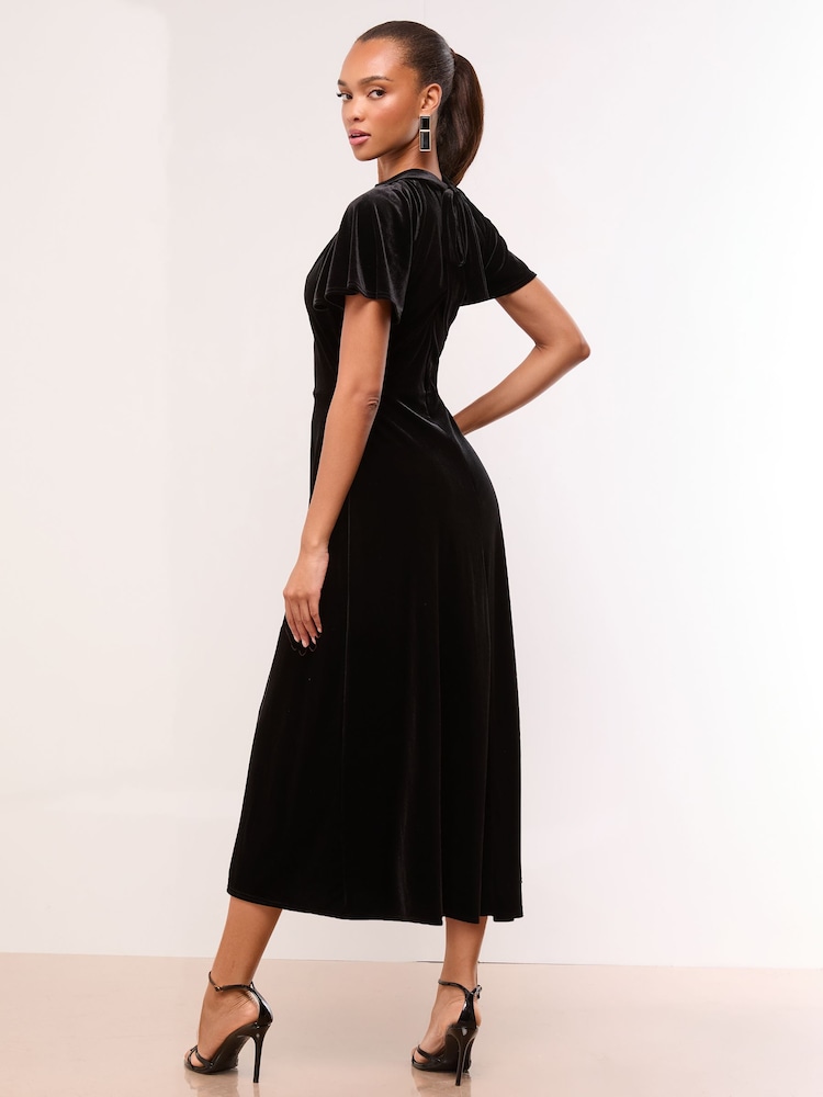 Lipsy Black Velvet Short Sleeve Keyhole Midi Dress - Image 5 of 5