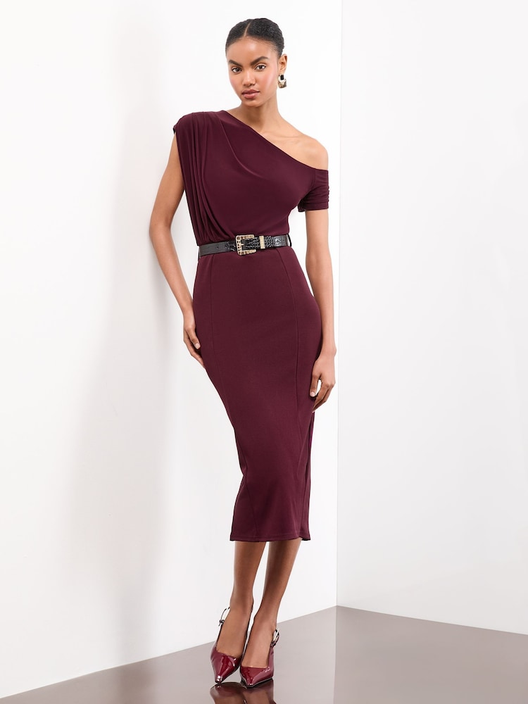 Lipsy Burgundy Red Slash Neck Jersey Belted Midi Dress - Image 1 of 4
