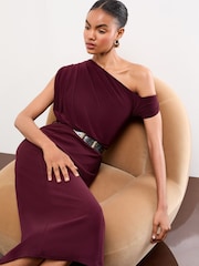 Lipsy Burgundy Red Slash Neck Jersey Belted Midi Dress - Image 3 of 4
