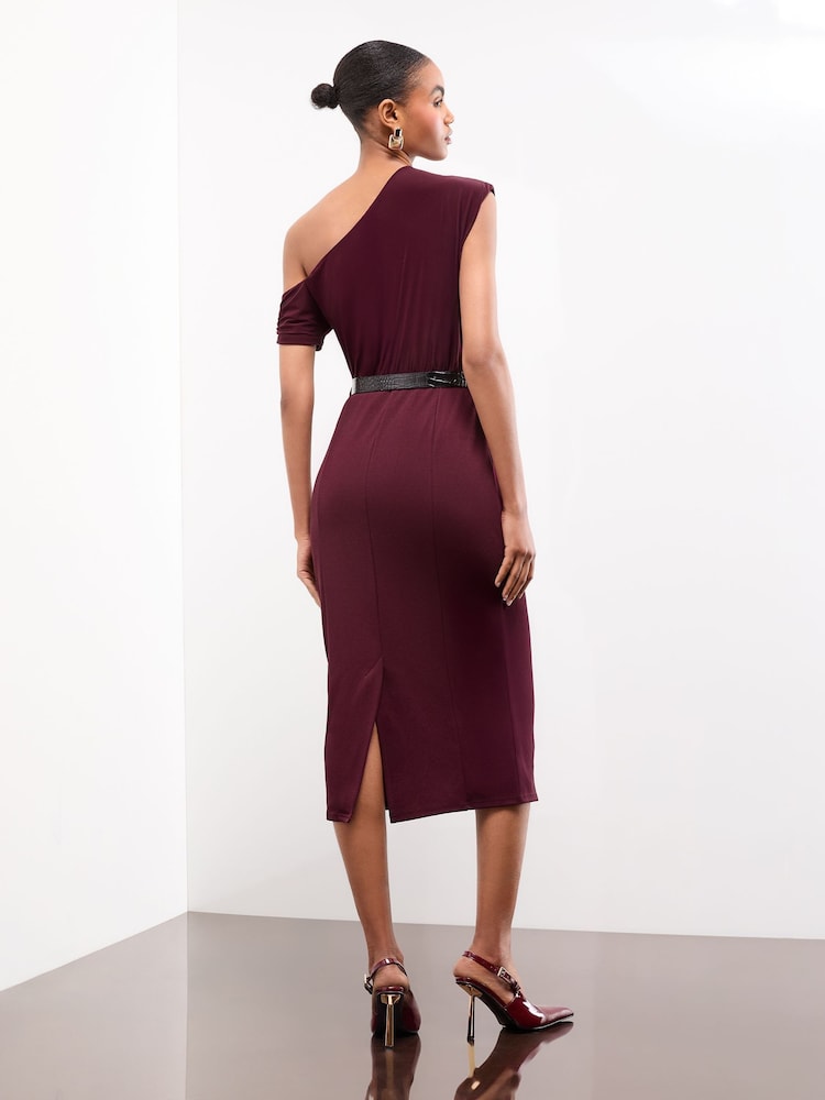 Lipsy Burgundy Red Slash Neck Jersey Belted Midi Dress - Image 4 of 4