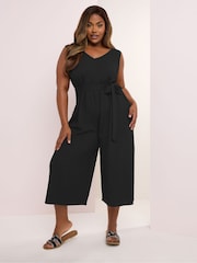 Negro - Yours Curve Tie Waist Textured Jumpsuit - Imagen 1 de 5