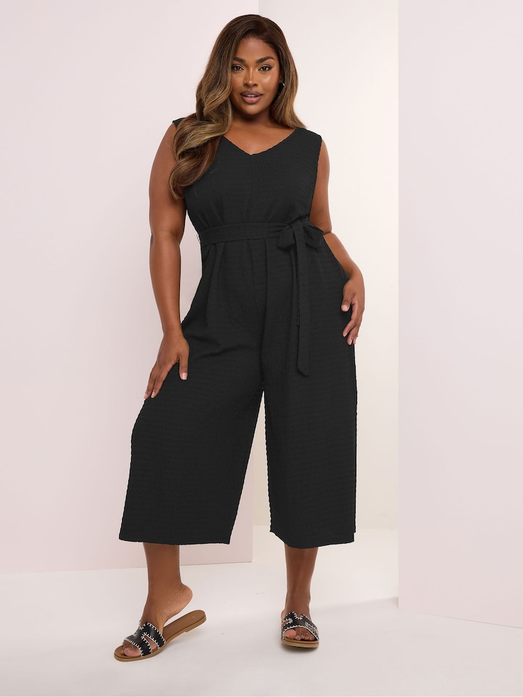 Negro - Yours Curve Tie Waist Textured Jumpsuit - Imagen 1 de 5