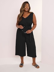 Negro - Yours Curve Tie Waist Textured Jumpsuit - Imagen 2 de 5