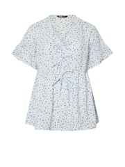 Yours Curve Blue Tie Front Frilled Top - Image 5 of 5