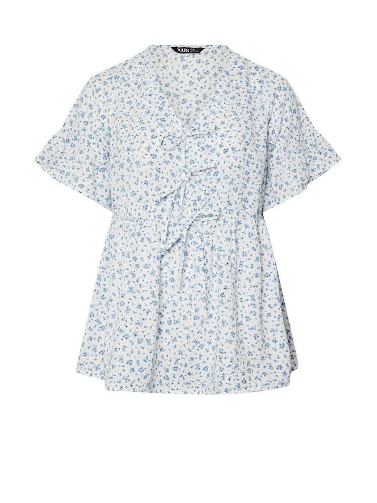 Yours Curve Blue Tie Front Frilled Top - Image 5 of 5