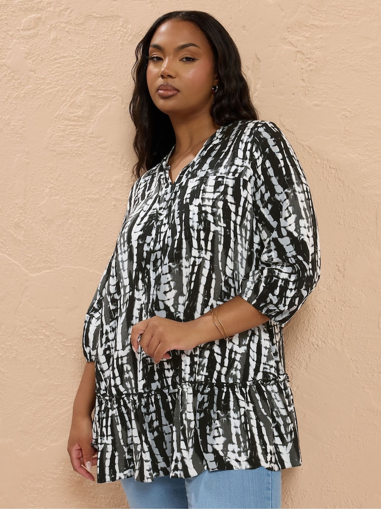 Yours Curve Black Tie Neck Tiered Blouse - Image 1 of 5
