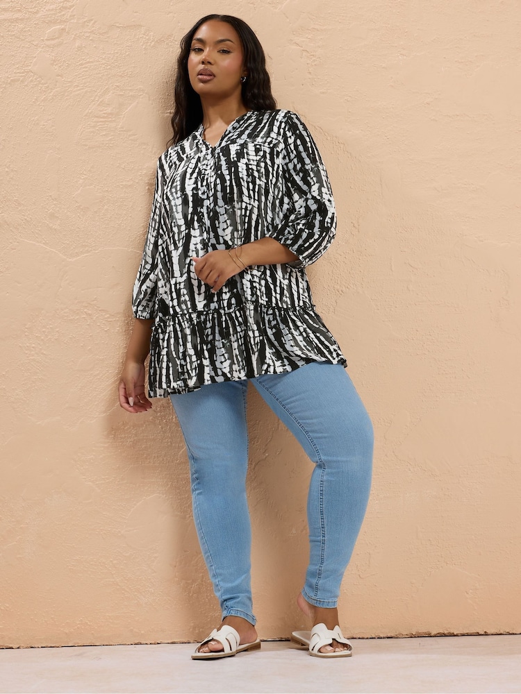 Yours Curve Black Tie Neck Tiered Blouse - Image 2 of 5