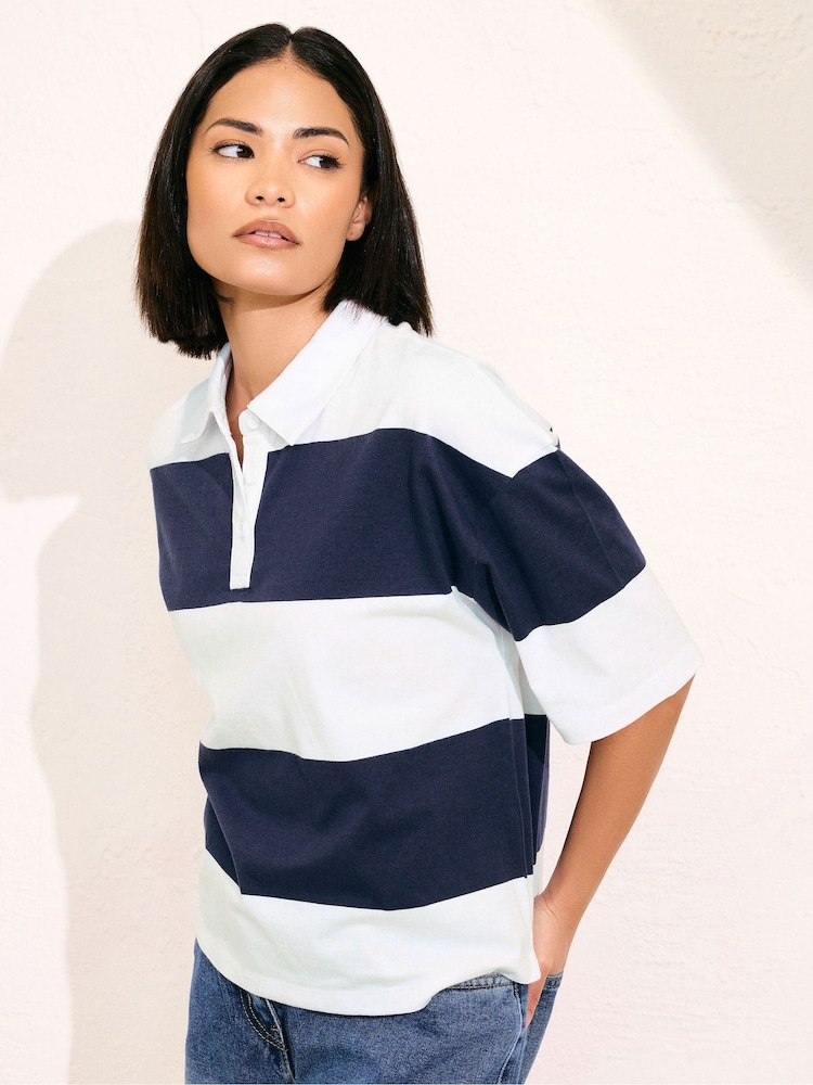 PixieGirl Petite Blue Short Sleeve Stripe Rugby 100% Cotton Shirt - Image 1 of 5