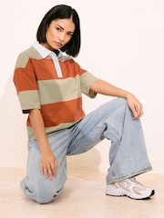 Оранжевый - PixieGirl Petite Short Sleeve Stripe Rugby 100% Cotton Shirt - Image 1 of 5