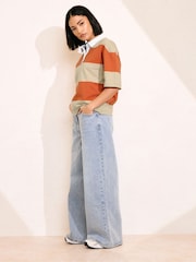 Оранжевый - PixieGirl Petite Short Sleeve Stripe Rugby 100% Cotton Shirt - Image 4 of 5