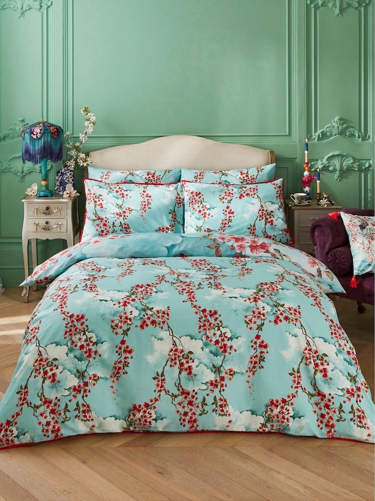 Joe Browns Aqua Cherry Blossom Cotton Sateen Reversible Duvet Set - Image 2 of 7