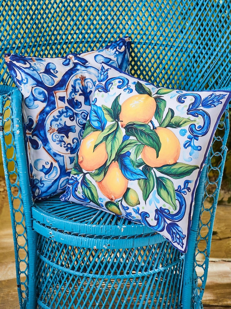 Joe Browns Lemon Yellow Tile Print Outdoor Reversible Garden Cushion - Image 1 of 7