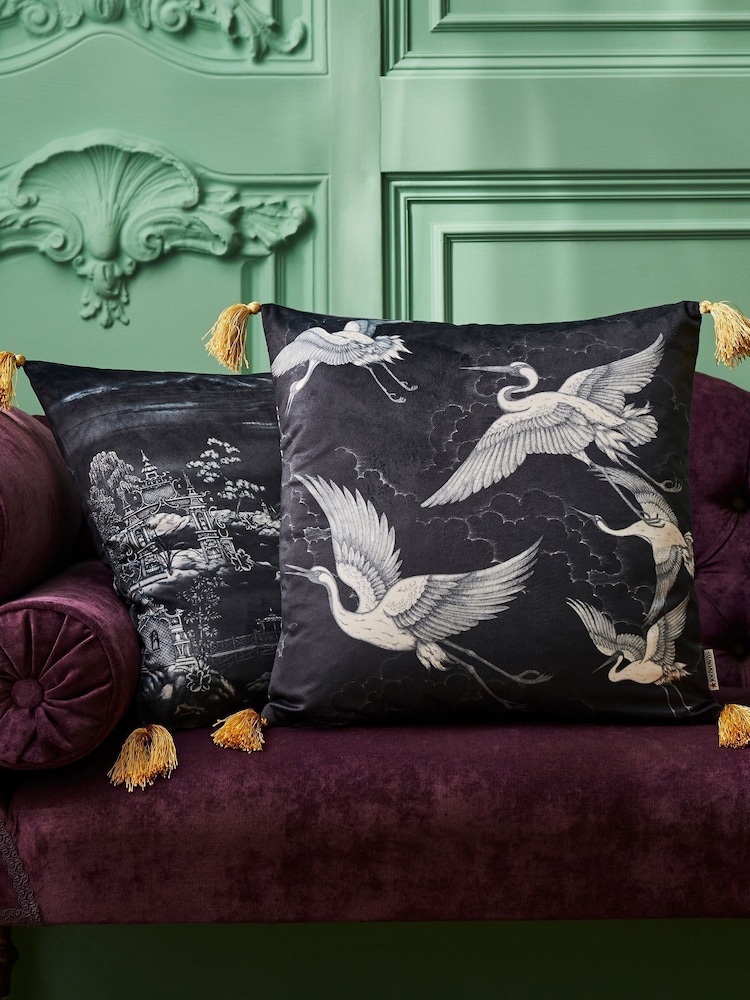 Joe Browns Black Monochrome Sketch Tassel Reversible Velvet Cushion - Image 1 of 6