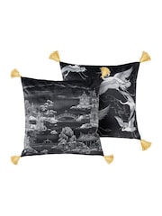 Joe Browns Black Monochrome Sketch Tassel Reversible Velvet Cushion - Image 3 of 6