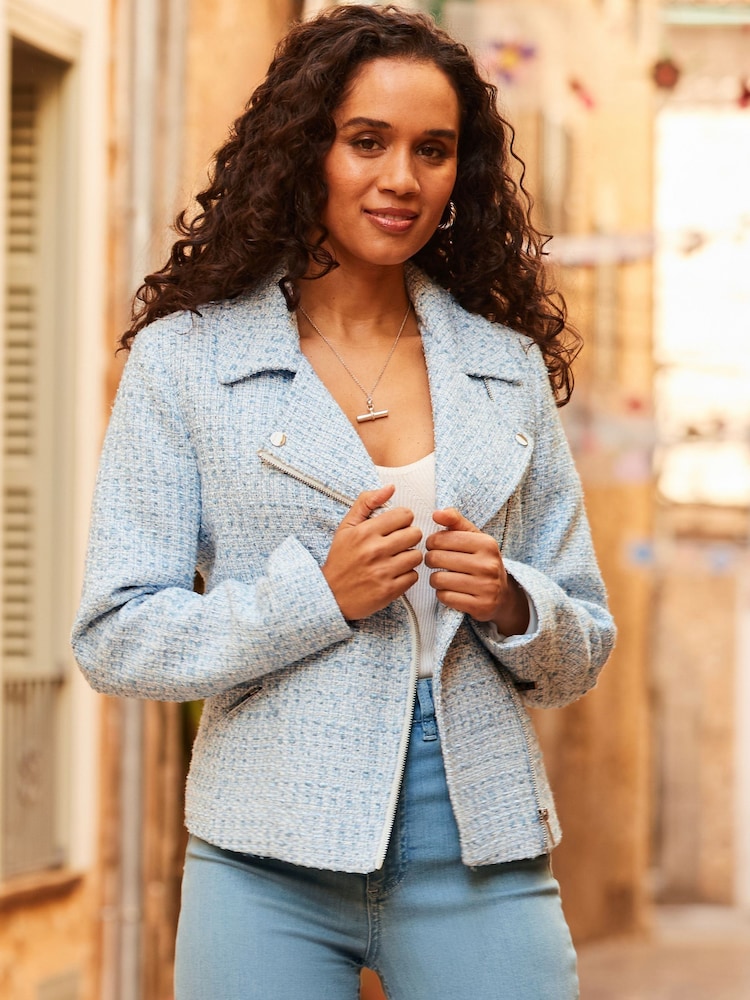 Sosandar Blue Boucle Biker Jacket - Image 2 of 5 Sosandar Blue Boucle Biker Jacket - Image 2 of 5