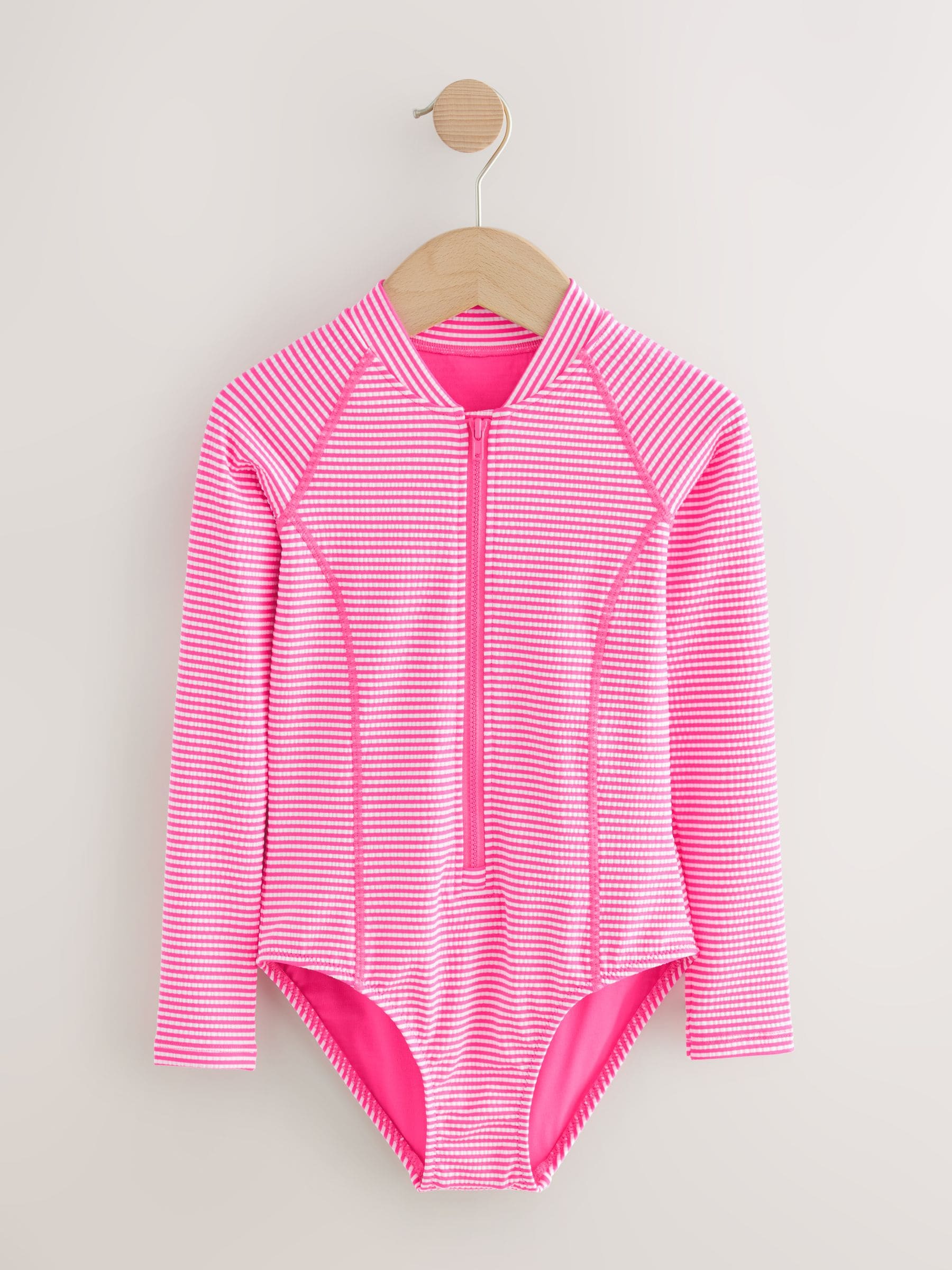 Buy Pink/White Stripe Textured Long Sleeve Sunsafe Swimsuit (3