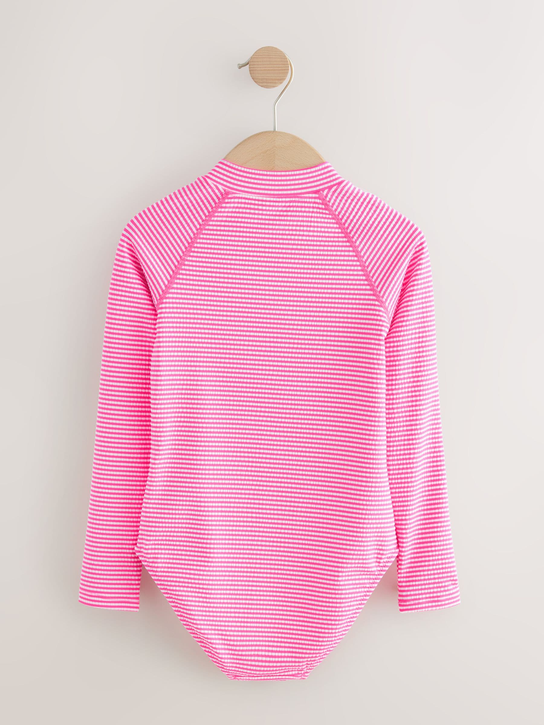 Buy Pink/White Stripe Textured Long Sleeve Sunsafe Swimsuit (3