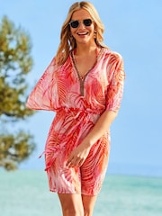 Sosandar Pink Palm Print Luxe Embellished Kaftan - Image 5 of 5