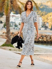 Sosandar Grey Animal Print Tie Waist Shirt Dress - Image 1 of 5