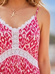 Sosandar Pink Print Lace Trim Sun Dress - Image 3 of 4