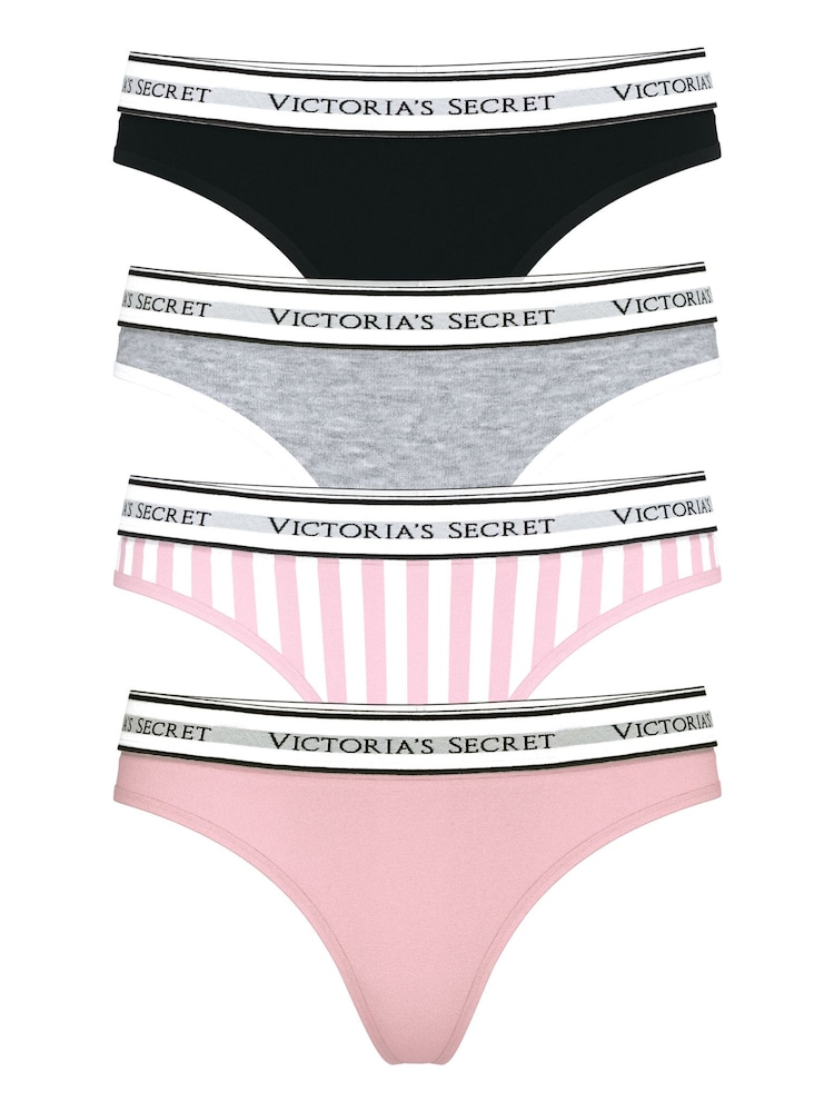 Victoria's Secret Black/Grey/Pink Thong Logo 4 Pack Knickers - Image 1 of 1 Victoria's Secret Black/Grey/Pink Thong Logo 4 Pack Knickers - Image 1 of 1