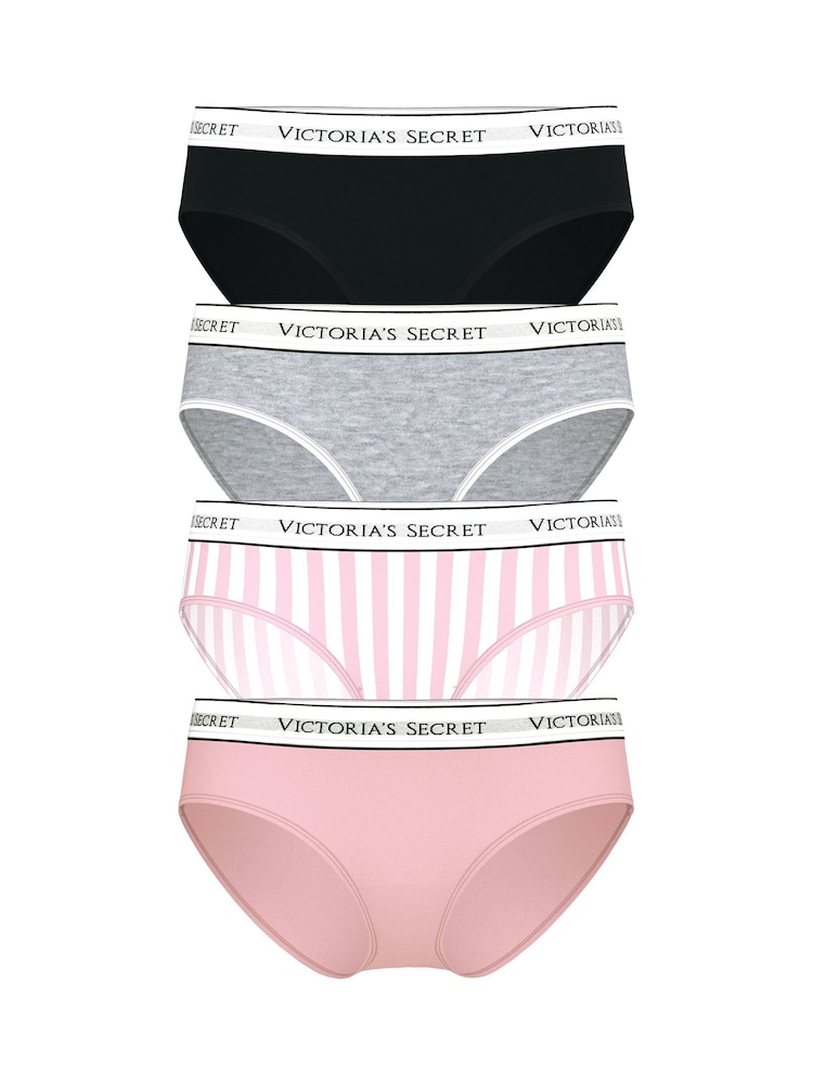 Victoria's Secret Black/Grey/Pink Hipster Logo 4 Pack Knickers - Image 1 of 1 Victoria's Secret Black/Grey/Pink Hipster Logo 4 Pack Knickers - Image 1 of 1