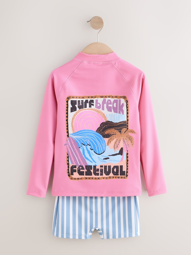Pink/Blue Surf Graphic Long Sleeve Sunsafe Rash Vest And Shorts Set (3-16yrs) - Image 2 of 4 Pink/Blue Surf Graphic Long Sleeve Sunsafe Rash Vest And Shorts Set (3-16yrs) - Image 2 of 4