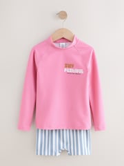 Pink/Blue Surf Graphic Long Sleeve Sunsafe Rash Vest And Shorts Set (3-16yrs) - Image 5 of 8
