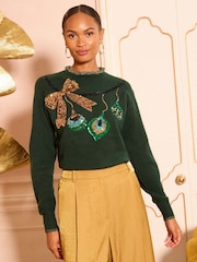 Love & Roses Forest Green Sequin Bauble Frill Neck Cosy Jumper - Image 1 of 4