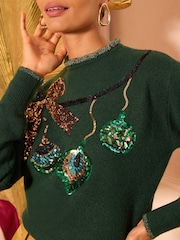 Love & Roses Forest Green Sequin Bauble Frill Neck Cosy Jumper - Image 2 of 4