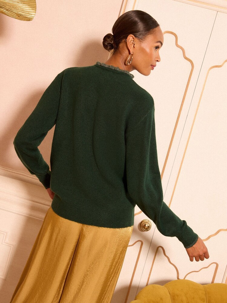 Love & Roses Forest Green Sequin Bauble Frill Neck Cosy Jumper - Image 4 of 4