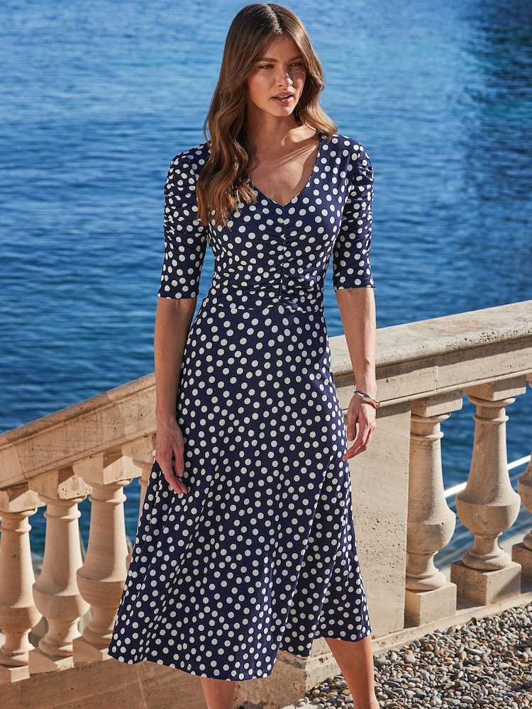 Sosandar Spot Print Ruched Front Midi Jersey Dress - Imagen 1 de 5 Sosandar Spot Print Ruched Front Midi Jersey Dress - Imagen 1 de 5