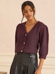 Love & Roses Berry Red Short Sleeve Embellished Button Cardigan With Wool - Image 1 of 4