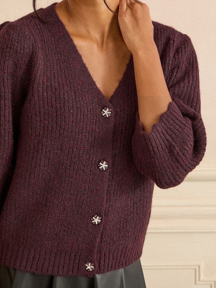 Love & Roses Berry Red Short Sleeve Embellished Button Cardigan With Wool - Image 2 of 4
