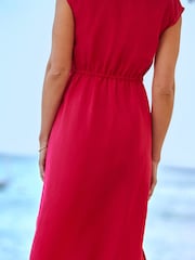 Sosandar Pink Cinched Waist Linen Rich Summer Dress - Image 3 of 5