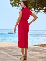 Sosandar Pink Cinched Waist Linen Rich Summer Dress - Image 5 of 5