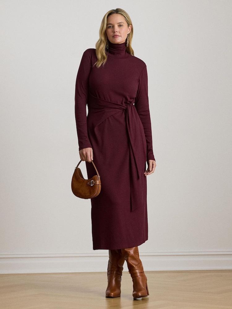 Lauren Ralph Lauren Red Curve Vaureen Ribbed High Neck Belted Jersey Midi Dress - Image 1 of 4 Lauren Ralph Lauren Red Curve Vaureen Ribbed High Neck Belted Jersey Midi Dress - Image 1 of 4