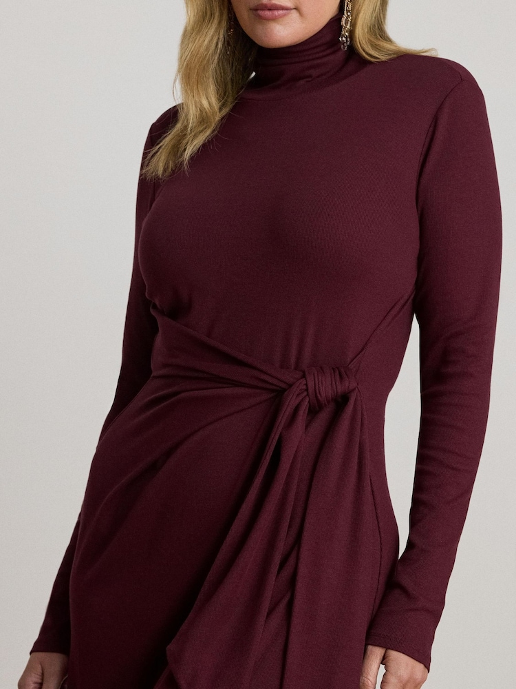 Lauren Ralph Lauren Red Curve Vaureen Ribbed High Neck Belted Jersey Midi Dress - Image 4 of 4