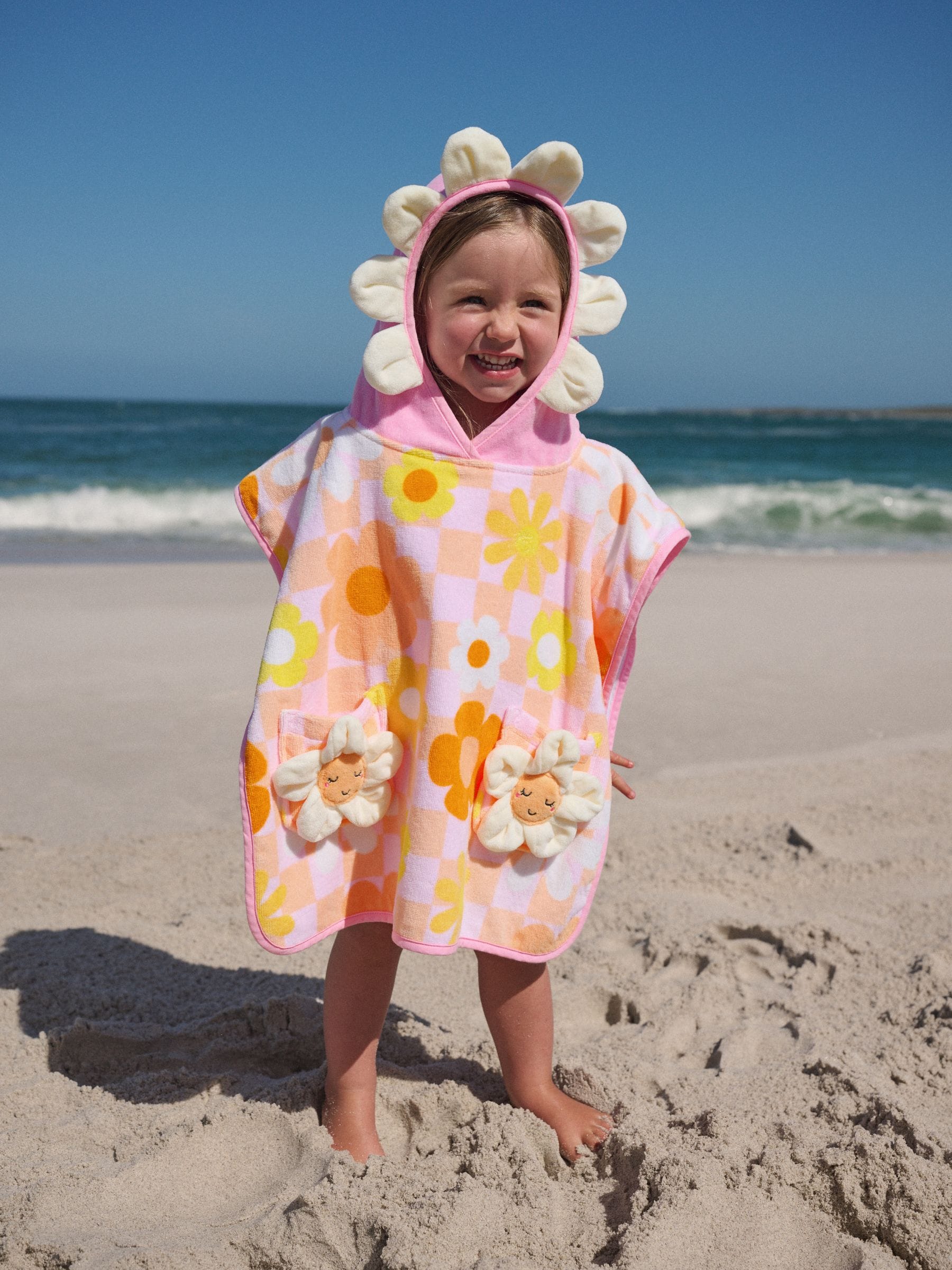 Buy Pink/Orange Checkerboard Floral Towelling Poncho (9mths-10yrs