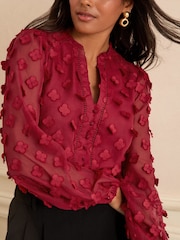 Love & Roses Berry Red 3D Floral Print V-Neck Long Sleeve Blouse - Image 2 of 4