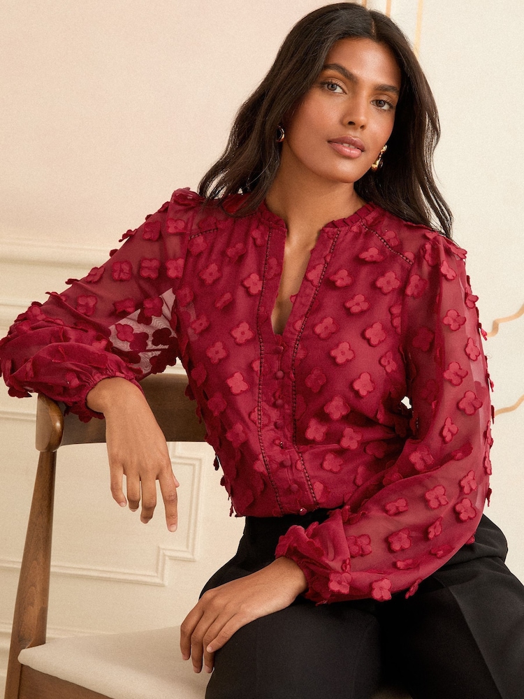 Love & Roses Berry Red 3D Floral Print V-Neck Long Sleeve Blouse - Image 2 of 4