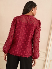 Love & Roses Berry Red 3D Floral Print V-Neck Long Sleeve Blouse - Image 4 of 4
