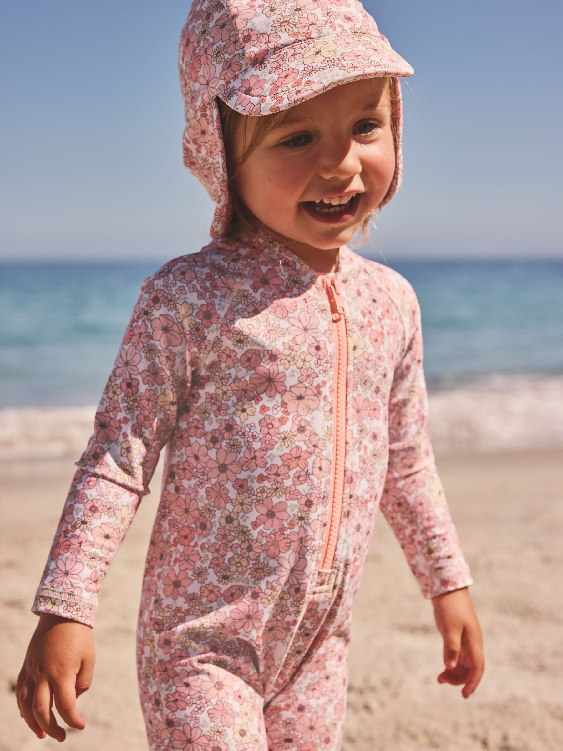 Buy Coral Pink Ditsy Floral Long Leg Sunsafe Swimsuit (3mths-7yrs