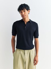 John Smedley Blue Adrian Short Sleeve Cotton Knit Polo Shirt - Image 1 of 6