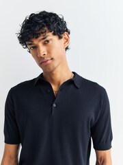 John Smedley Blue Adrian Short Sleeve Cotton Knit Polo Shirt - Image 5 of 6