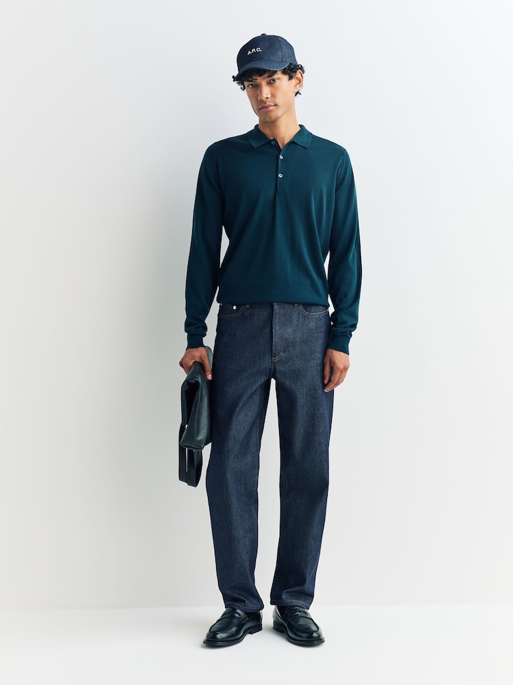 John Smedley Green Belper Long Sleeve Merino Wool Polo Shirt - Image 2 of 5