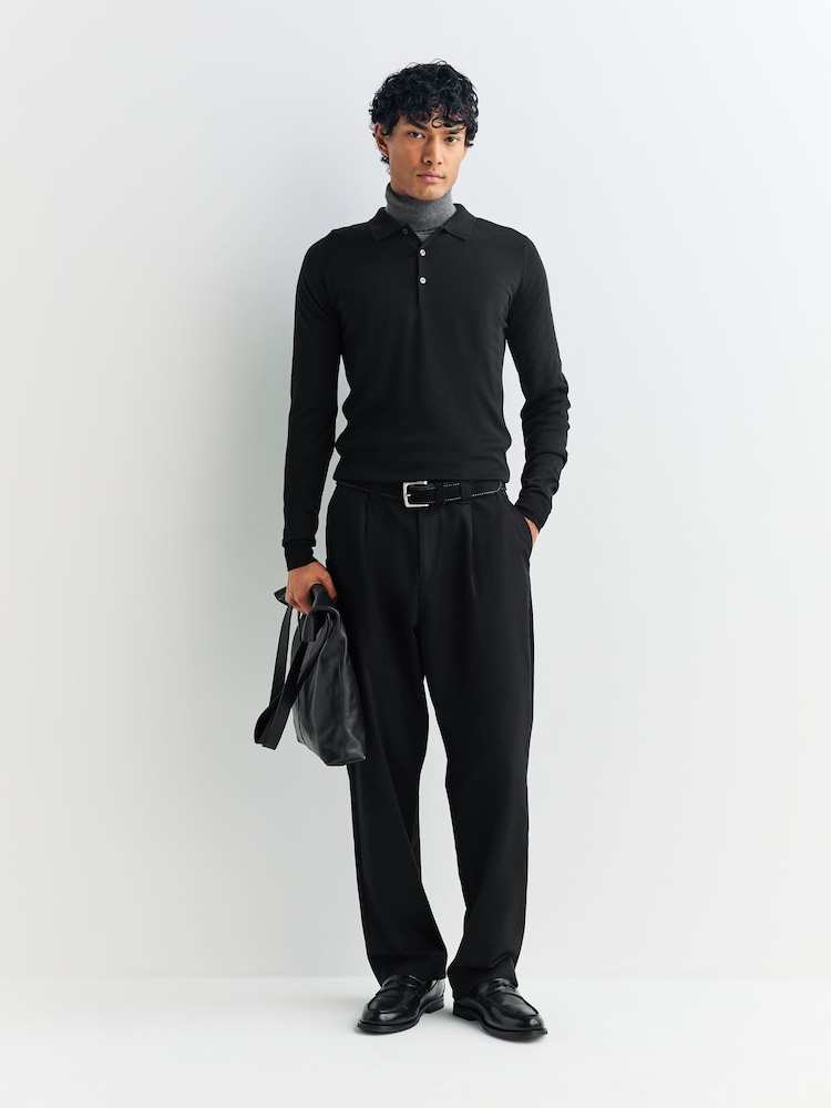 John Smedley Black Belper Long Sleeve Merino Wool Polo Shirt - Image 2 of 5